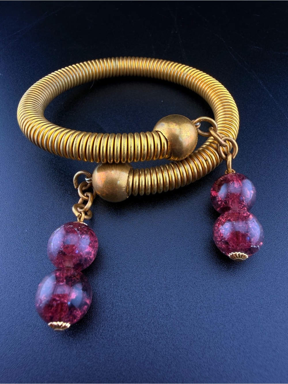 Vintage Brass Tubogas Coil Bypass Cuff Bracelet, Amethyst Purple Crackle Glass